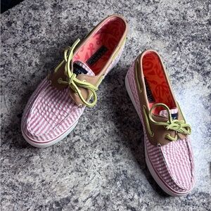 Sperry Women's 7.5 Orange and White Striped Boat Shoes, Brown Leather Accents